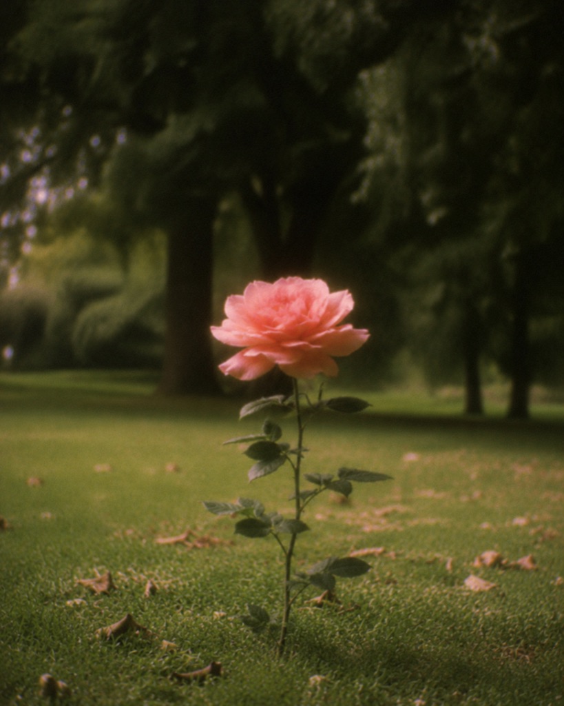 A pink rose blooming alone on grass